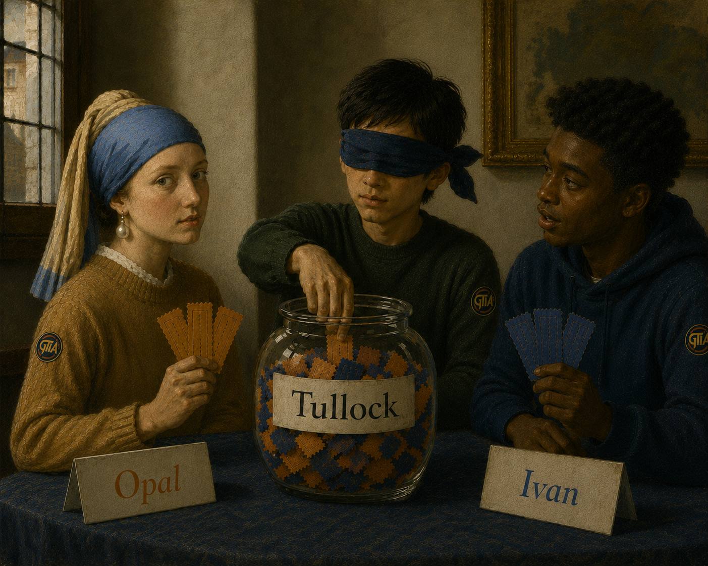 Opal and Ivan each hold raffle tickets while a blindfolded person draws a ticket from a jar labeled Tullock